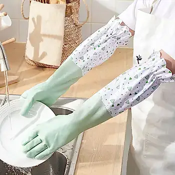 Latex Rubber Dish Washing Gloves Elastic Cuffs Waterproof Winter Cleaning Gloves Velvet Long Sleeve Housework Gloves Laundry